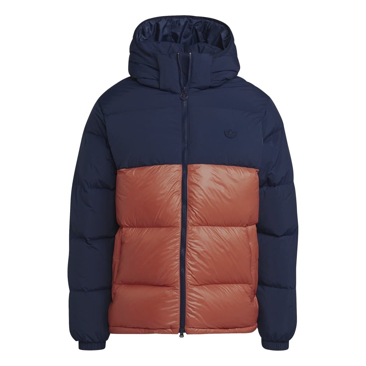 Hooded indigo down puffer jacket with orange center quilted panel and zip front