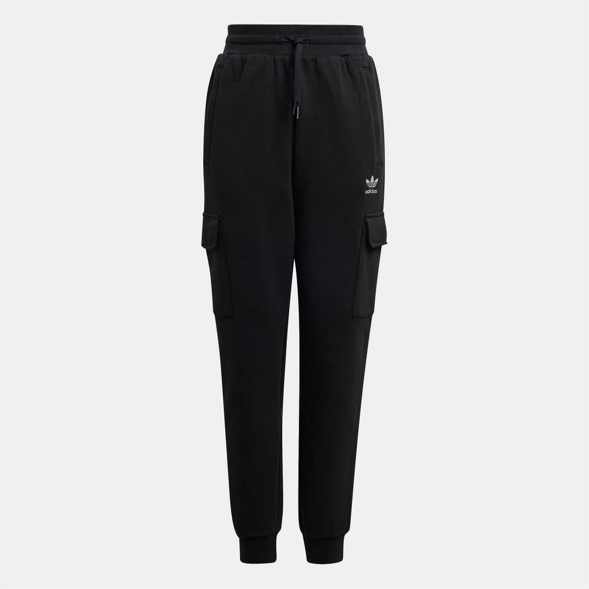 Junior adidas Originals Cargo Pants in black with multiple pockets, suitable for ages 8-16, casual and comfortable style.