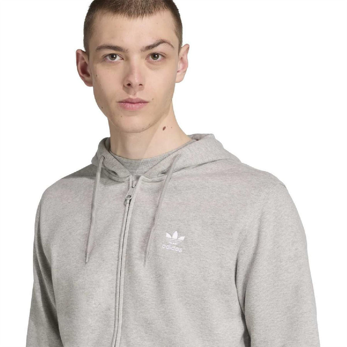 Trefoil zip-up hoodie in light grey, front hood and small logo on chest
