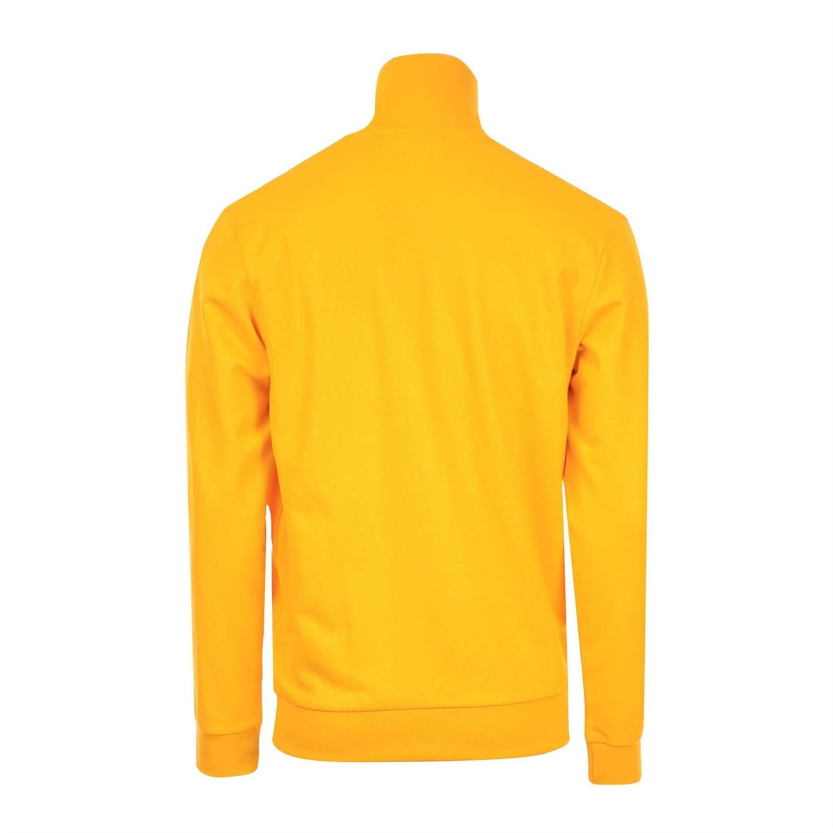 Yellow track jacket with back view, full zip, stand collar, ribbed cuffs and hem