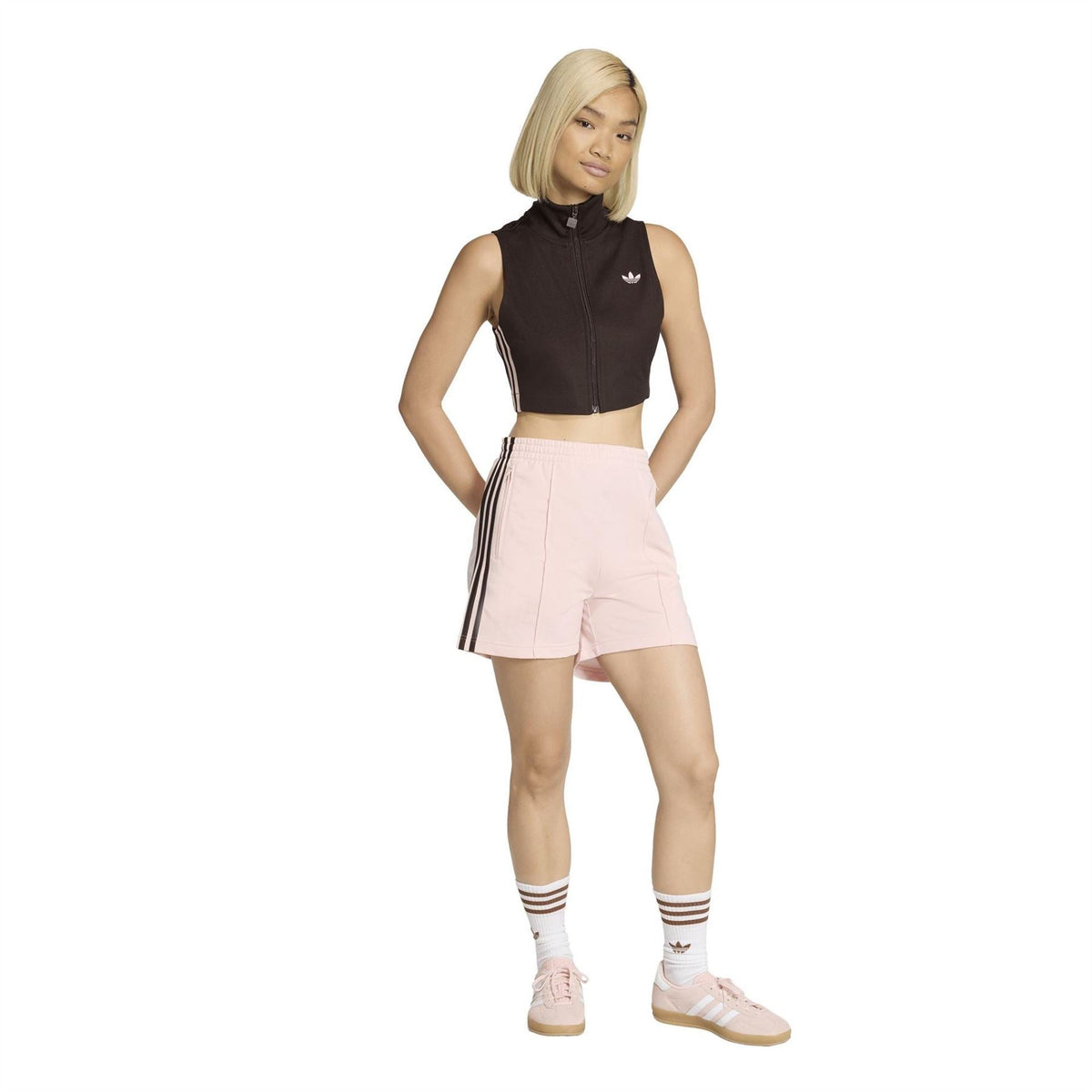 Women’s Firebird-style shorts in light pink with black triple stripes and elastic waistband