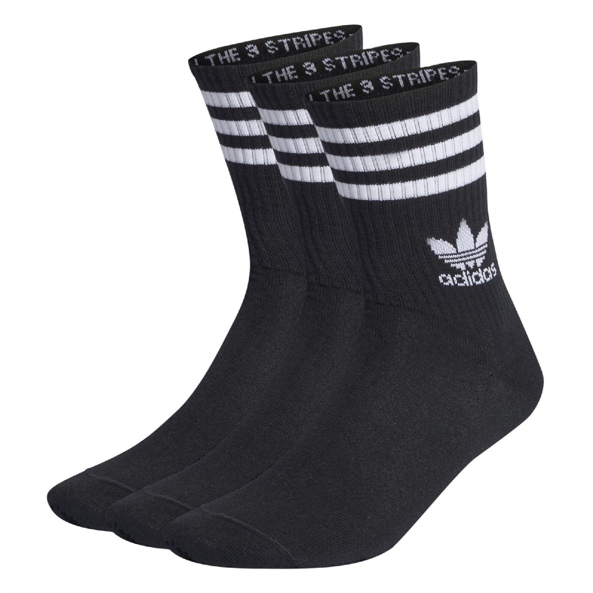 adidas Originals 3 Mid-Cut Crew Socks in white with black stripes, made of soft cotton, featuring the adidas logo at the top