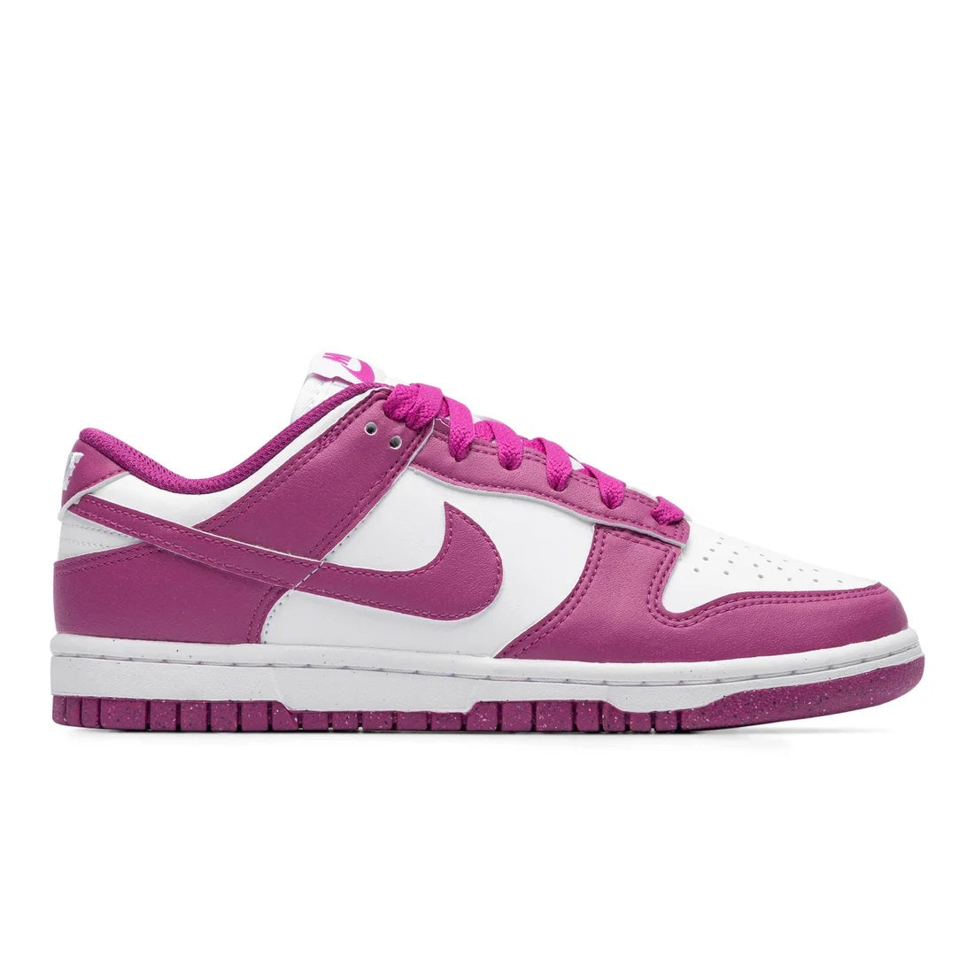 Women's Nike Dunk Low sneakers in white with hot fuchsia overlays and Swoosh