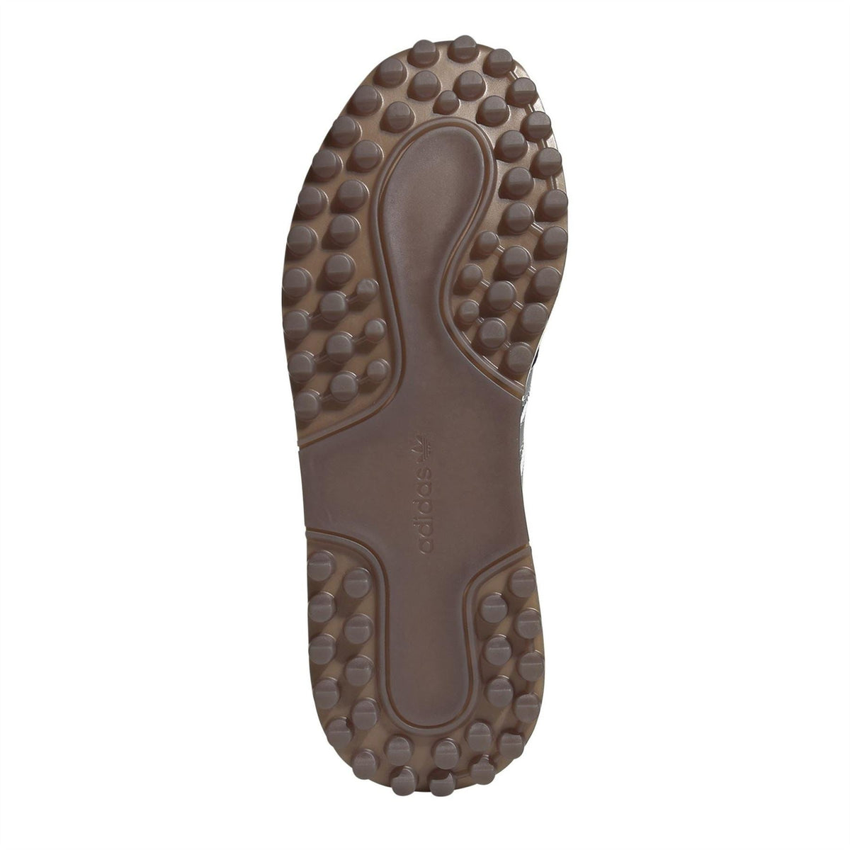 Brown outsole bottom with circular traction nubs and central arch support