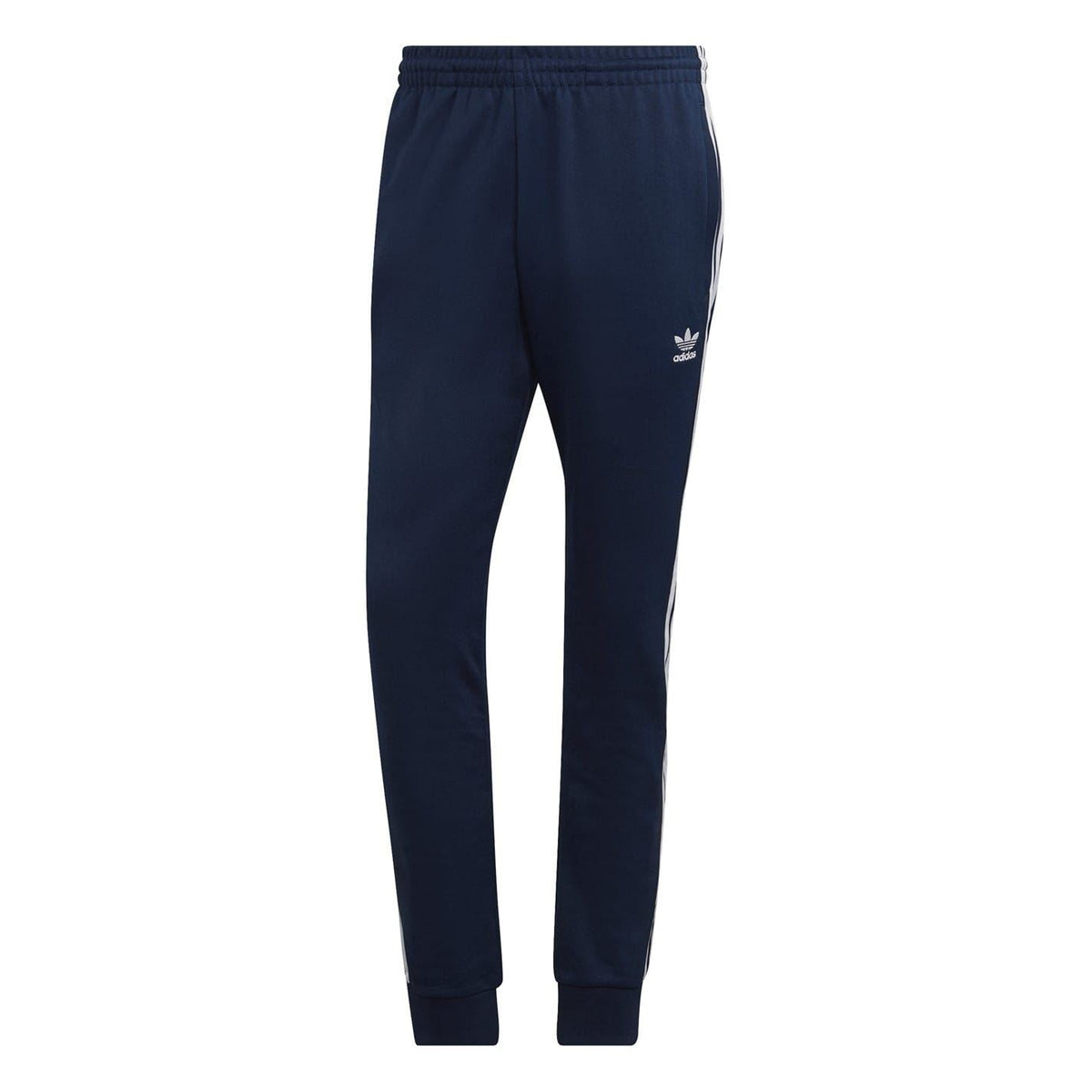 adidas Originals slim joggers with three stripes pattern, ribbed cuffs, and tapered fit, made from comfortable fabric.