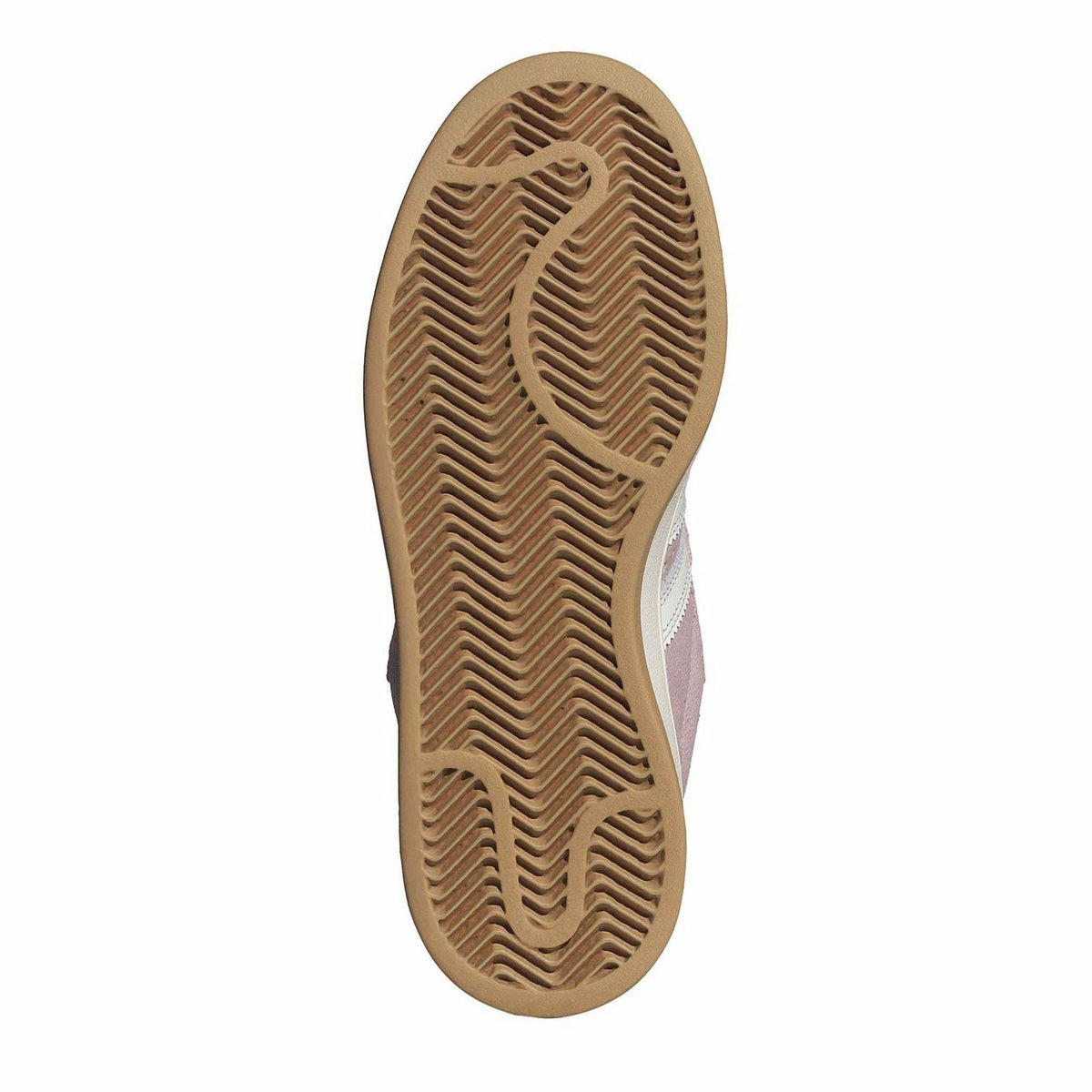 Pink suede trainer outsole with textured rubber tread and light trim