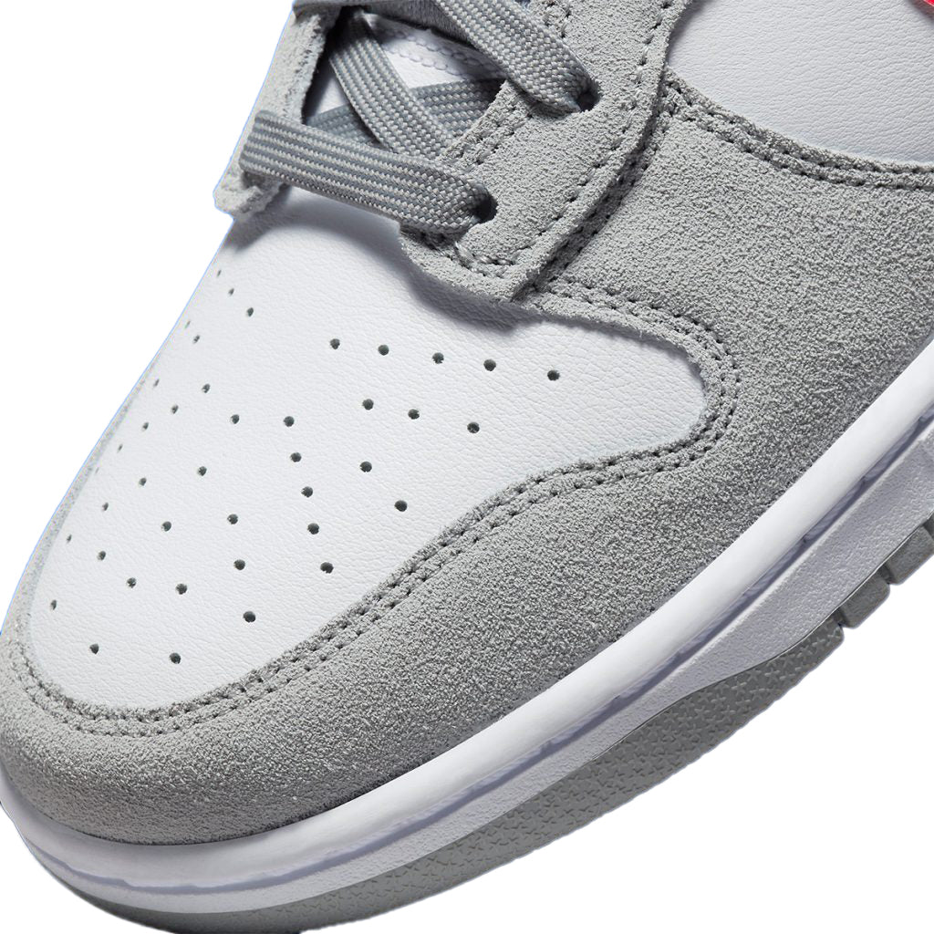 Kids' high-top sneakers toe with light smoke grey suede, white perforated panel, grey laces.