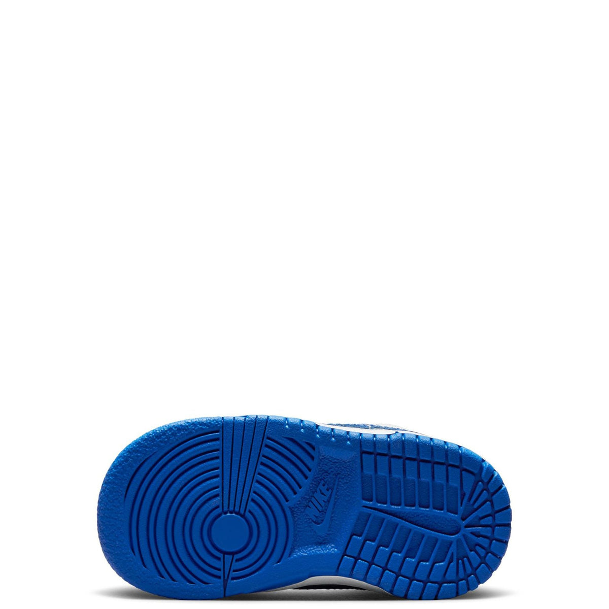 Outsole of toddler low-top sneakers, blue rubber tread with circular pivot detail