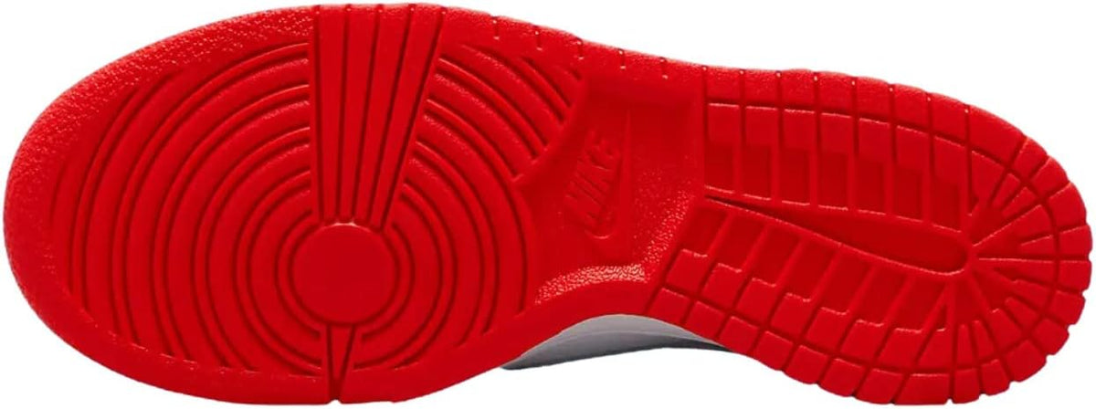 Big kid Nike Dunk Low outsole, red rubber tread with circular pivot pattern