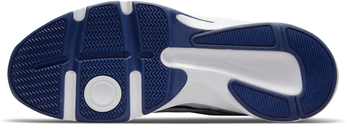 Nike Defy All Day outsole: blue traction pattern on white and navy sole