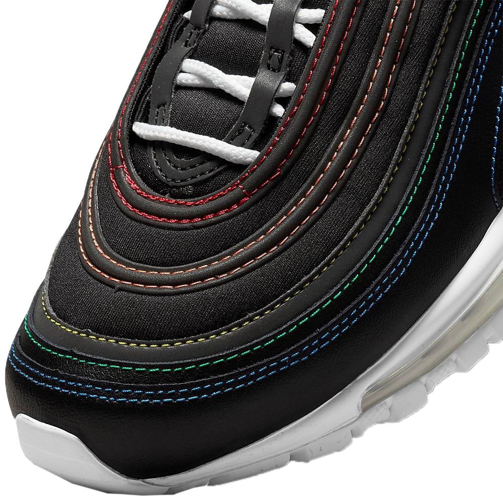 Nike Air Max 97 close-up, black upper with multicolor stitch lines and white sole edge.