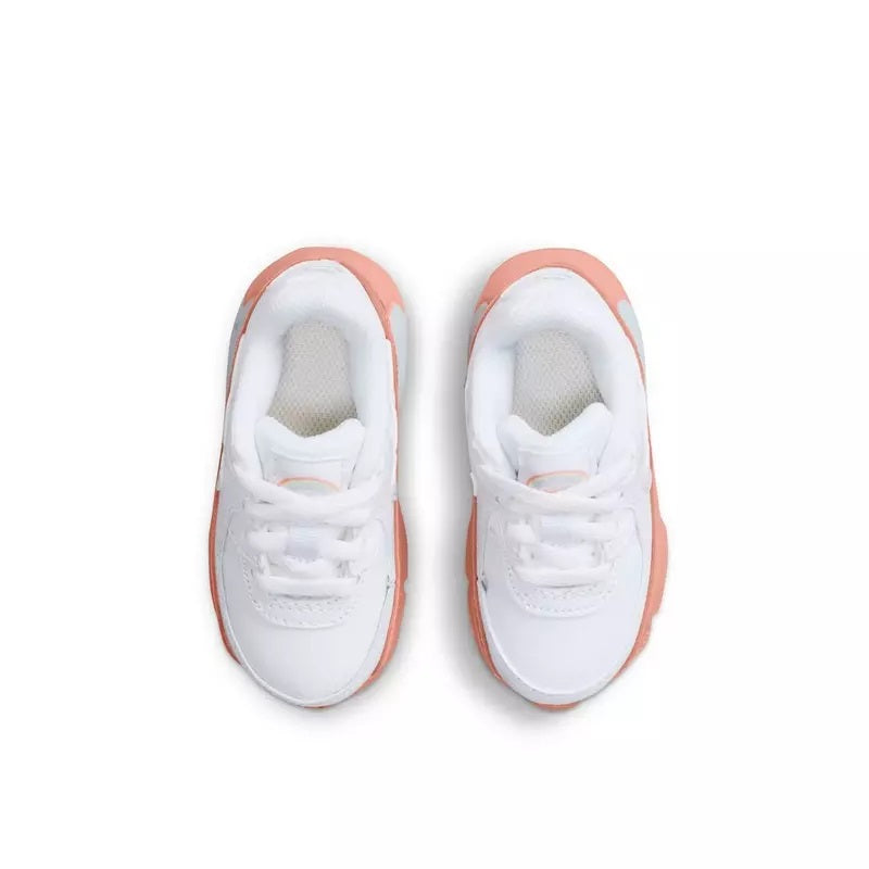 Toddler Nike Air Max 90 sneaker, white uppers with coral collar trim and white laces