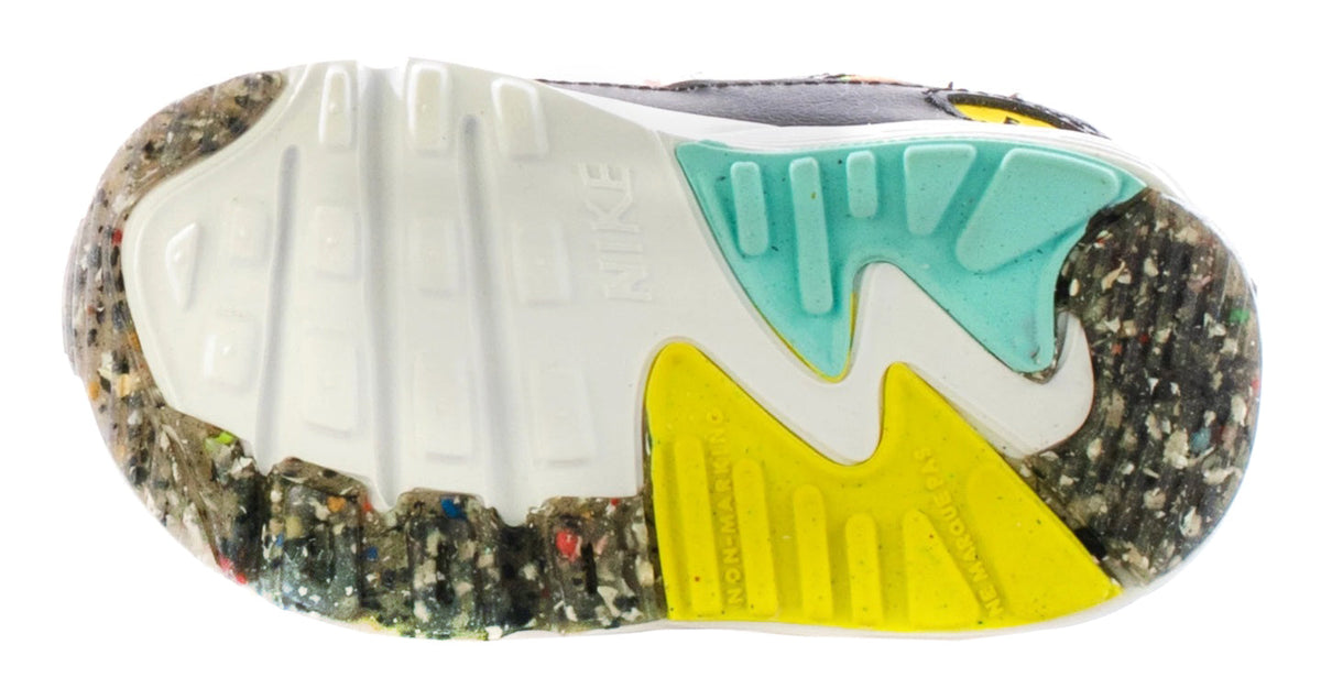 Toddler Air Max 90 outsole, white with yellow and green tread and speckled rubber