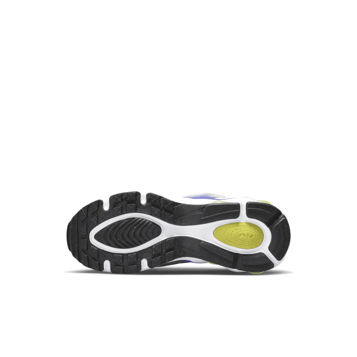 Kids' Nike Air Max TW shoe sole with black tread and white midsole, yellow heel detail