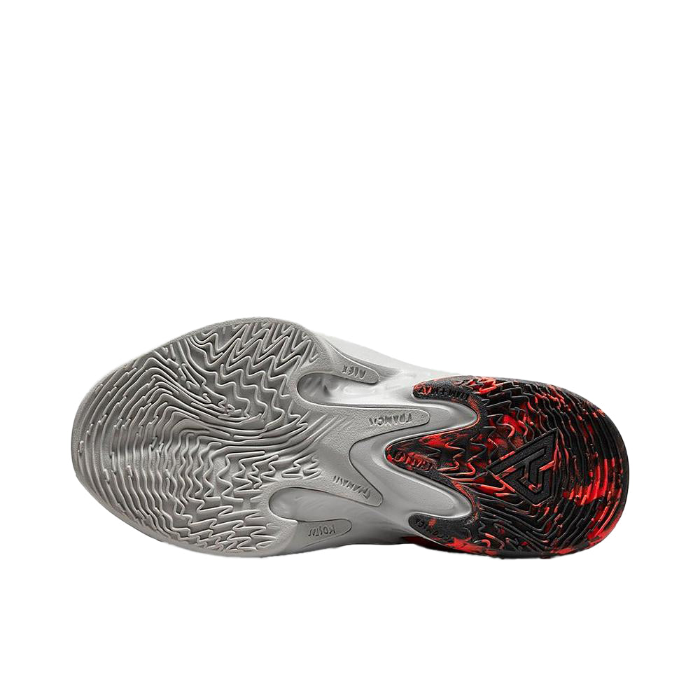 Kids Nike Freak 4 sneakers, outsole view with gray tread and red patterned grip