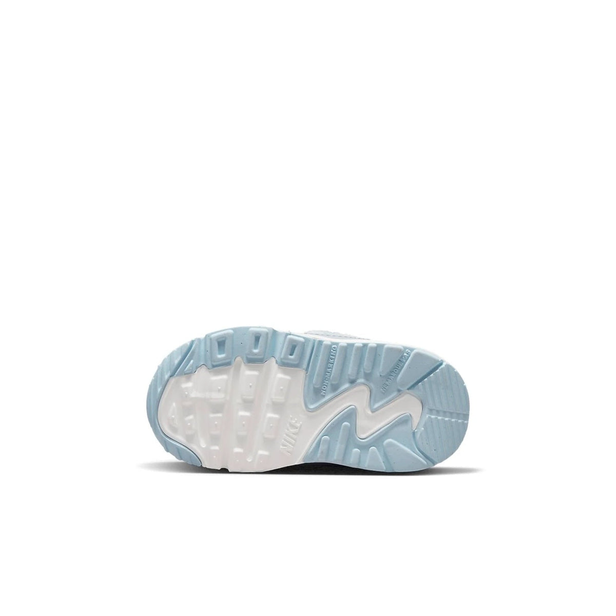 Nike Air Max 90 toddler sneakers outsole view, light blue tread and white base