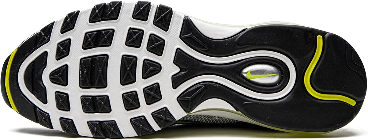Nike Air Max 97 OG outsole with black tread, white pods, and neon green trim.