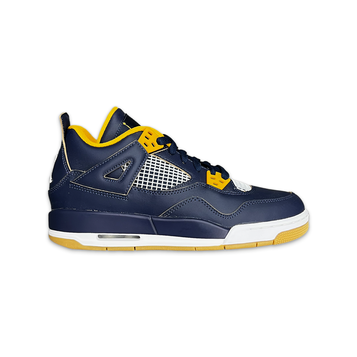 Kids Air Jordan 4 Retro sneaker in navy with yellow accents, mesh side panel