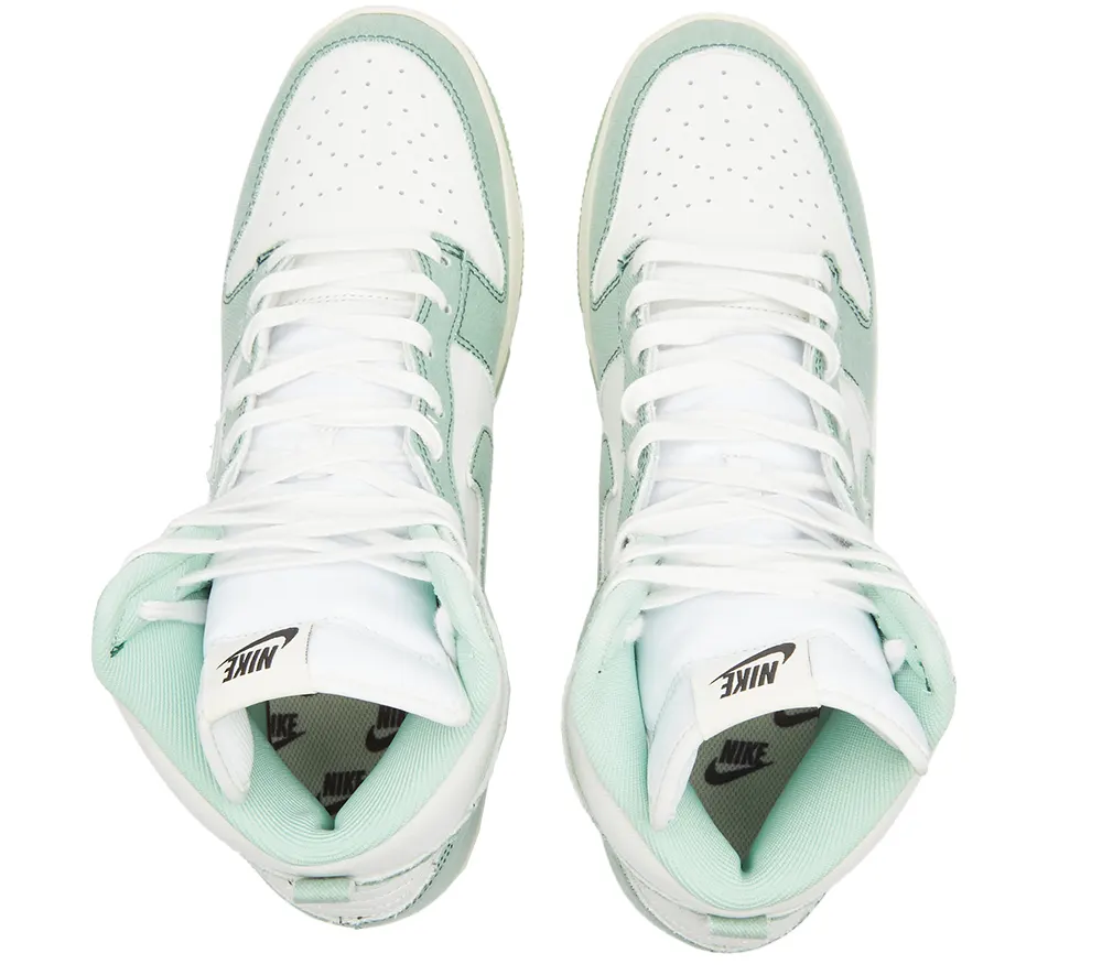 Women's Nike Dunk HI sneakers with white laces and mint green toe cap