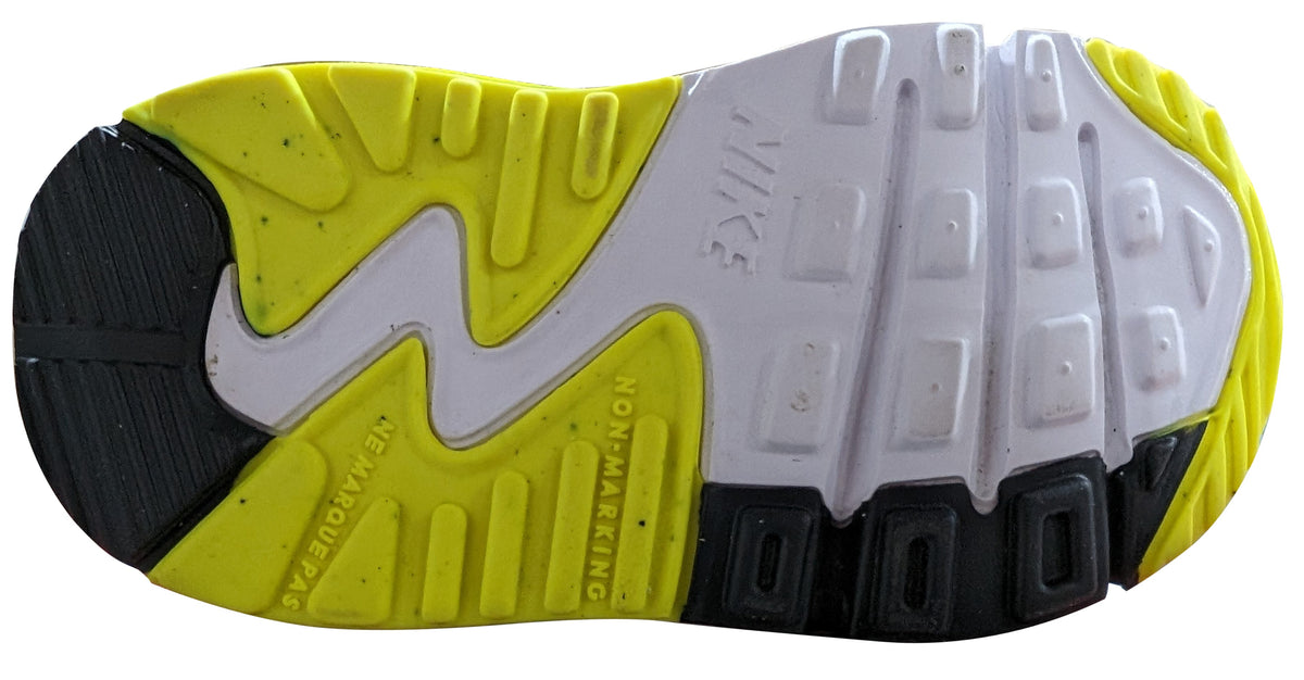 Kids Nike Air Max 90 LTR rubber outsole, black tread with volt yellow and white sections