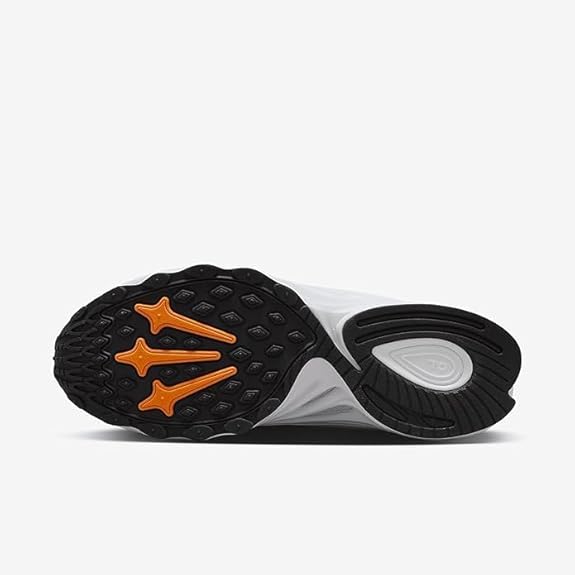 Nike sneakers outsoles, black traction rubber with orange accents and white midsole