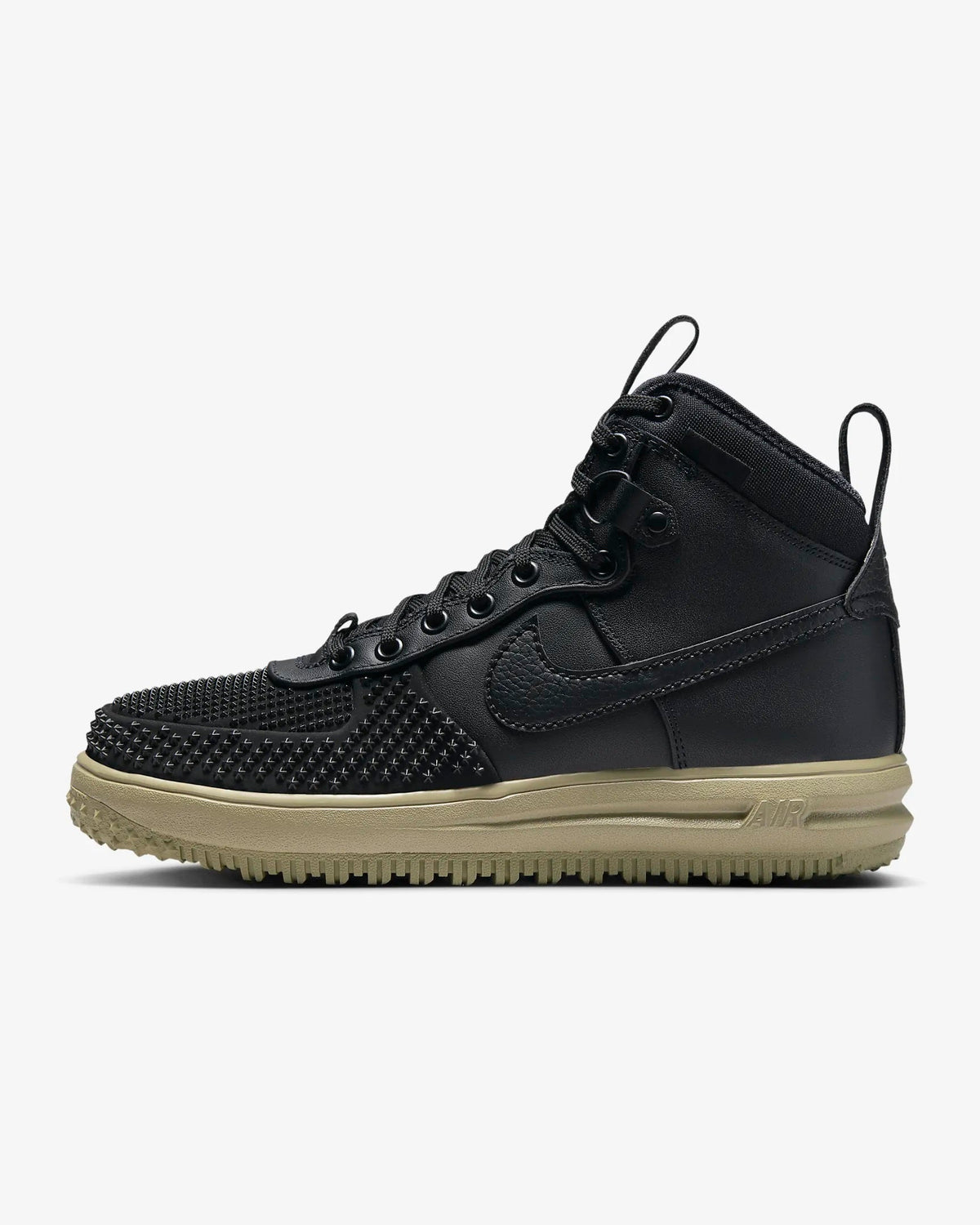 Men's Nike duckboot lace-up high-top in black with textured toe and olive outsole