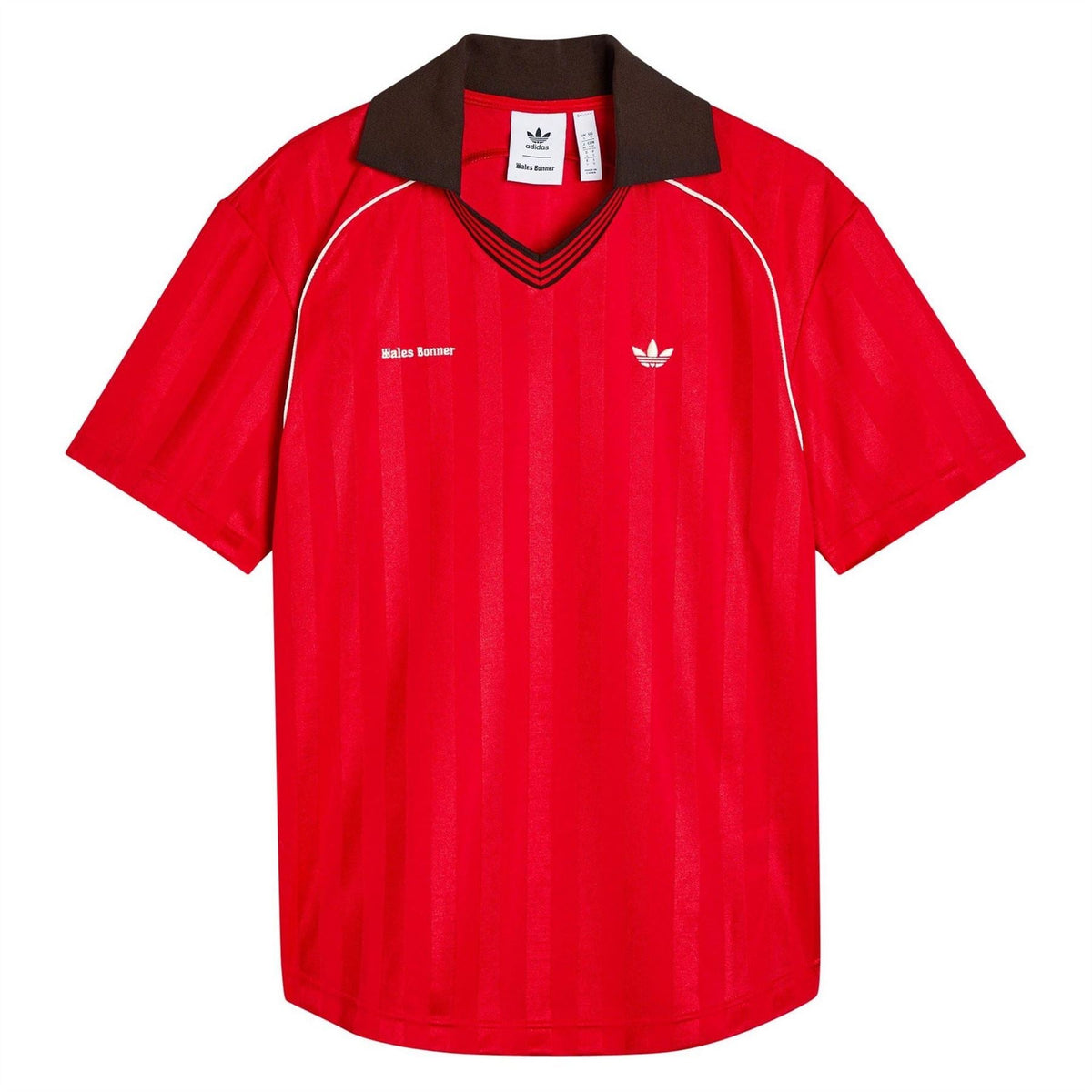 Red short-sleeve soccer jersey tee with black collar and adidas trefoil logo