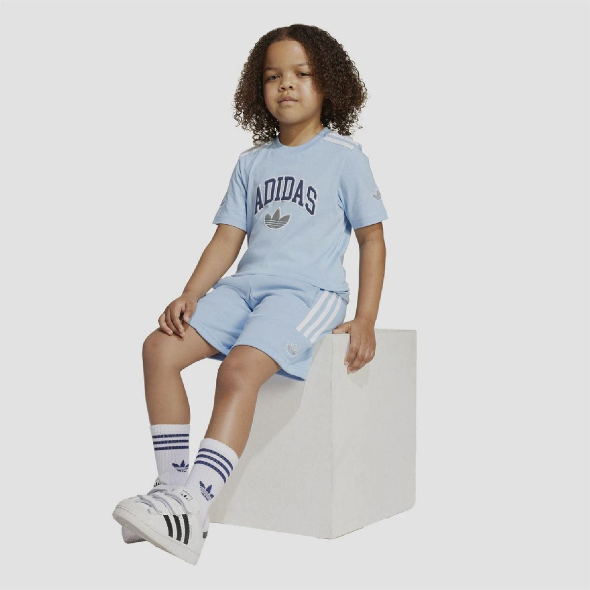 Kids sky blue T-shirt and shorts set with adidas logo, relaxed fit