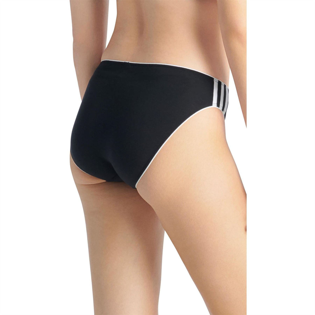 Black cotton bikini brief with contrast striped waistband, worn on model from side