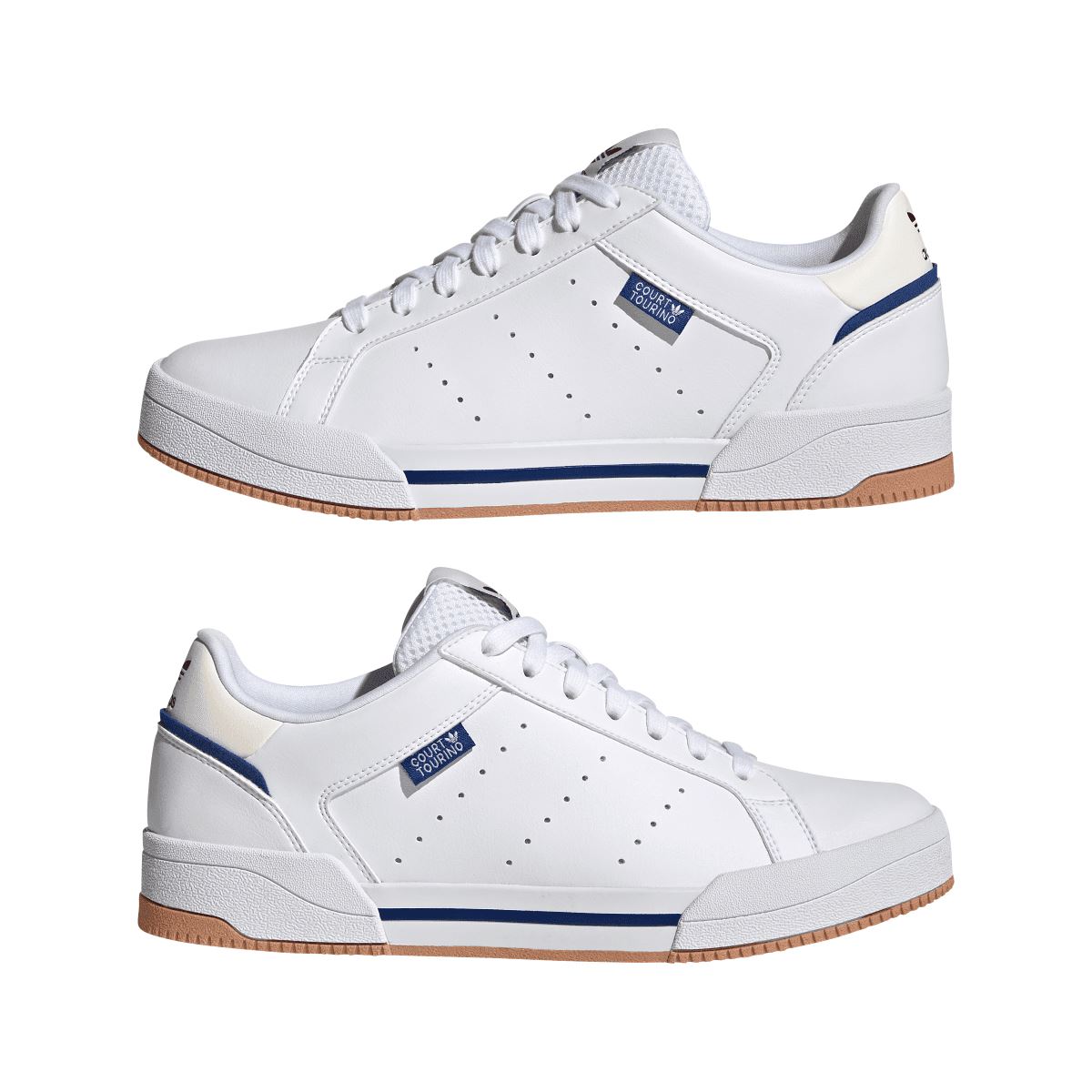 Pair of white adidas lace-up trainers with blue accents and gum-brown outsole
