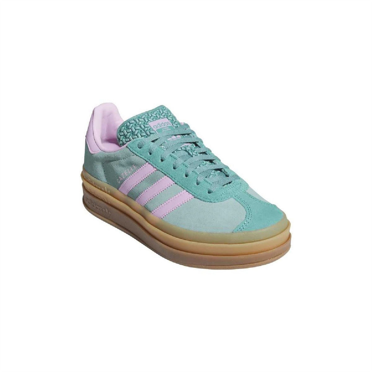 Gazelle Bold trainers 3/4 view: teal suede upper, lilac heel lining, three stripes, gum sole