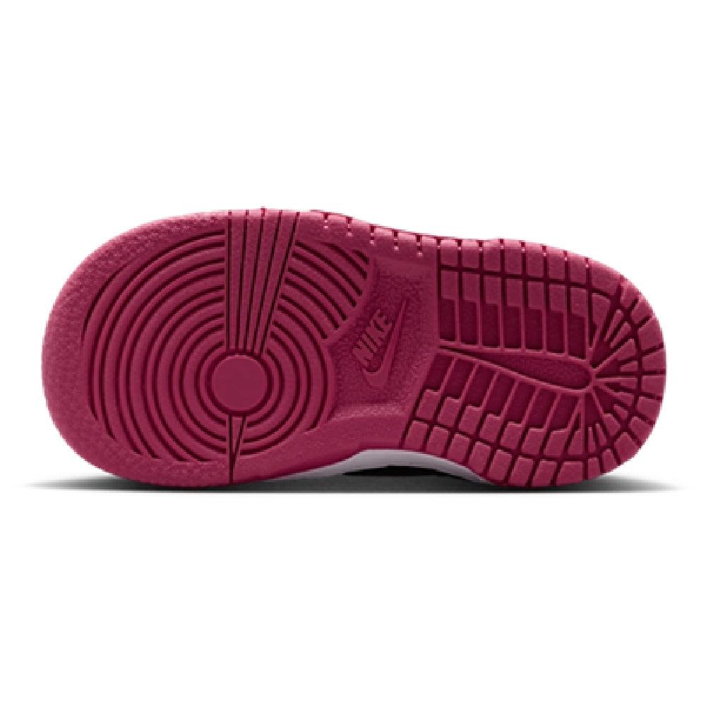 Toddler Nike Dunk Low sneakers outsole, burgundy tread with white midsole