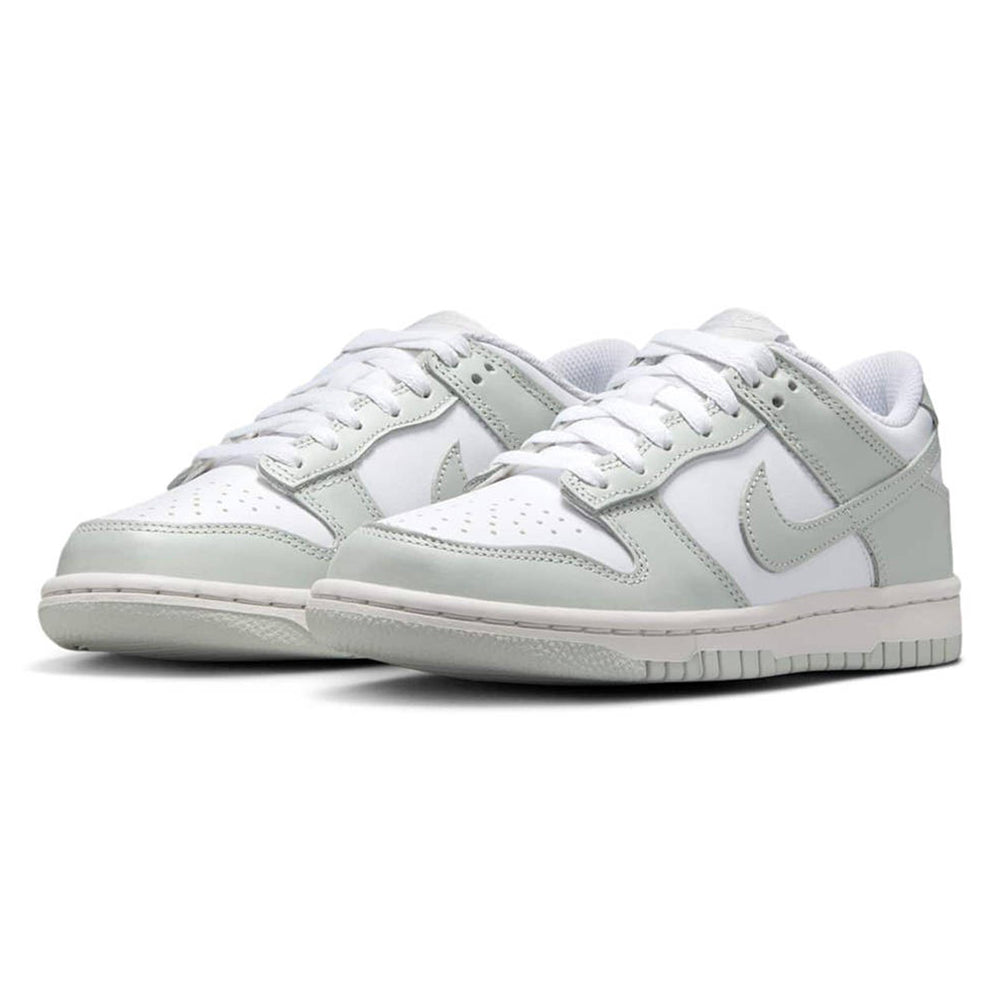 Kids' low-top sneakers, white with light silver panels and lace-up pair