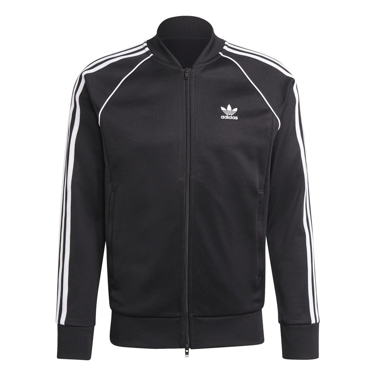 Black adidas Originals SST track jacket with white sleeve stripes and zip front