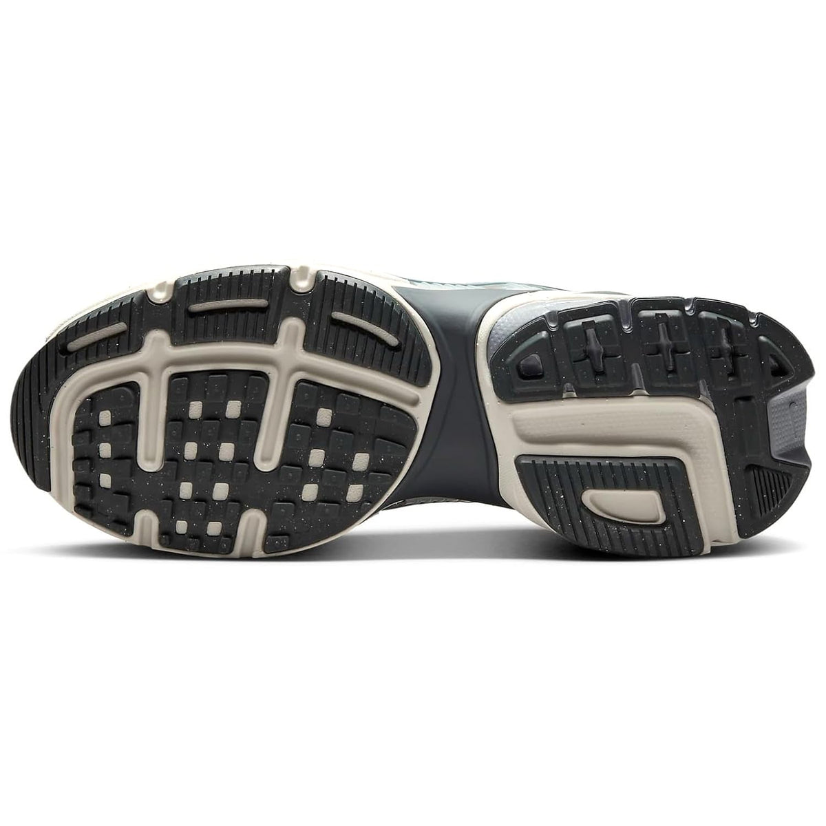 Women's Nike running shoe outsole with grippy tread in dark and light gray
