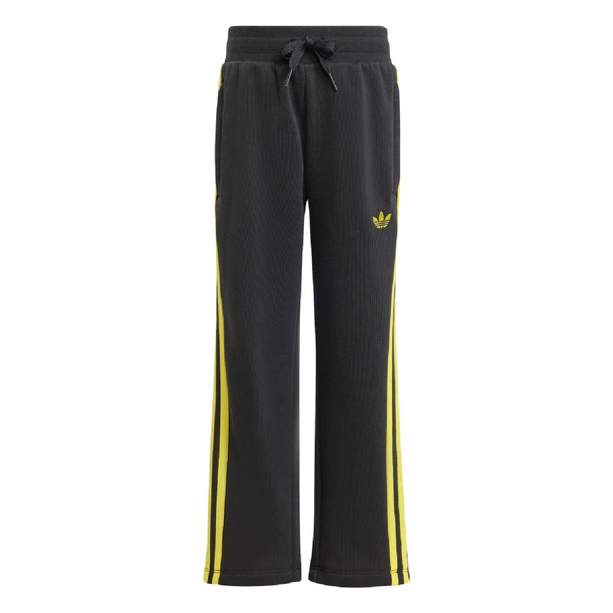 Black kids joggers with drawstring waist, yellow side stripes, and small yellow trefoil logo.