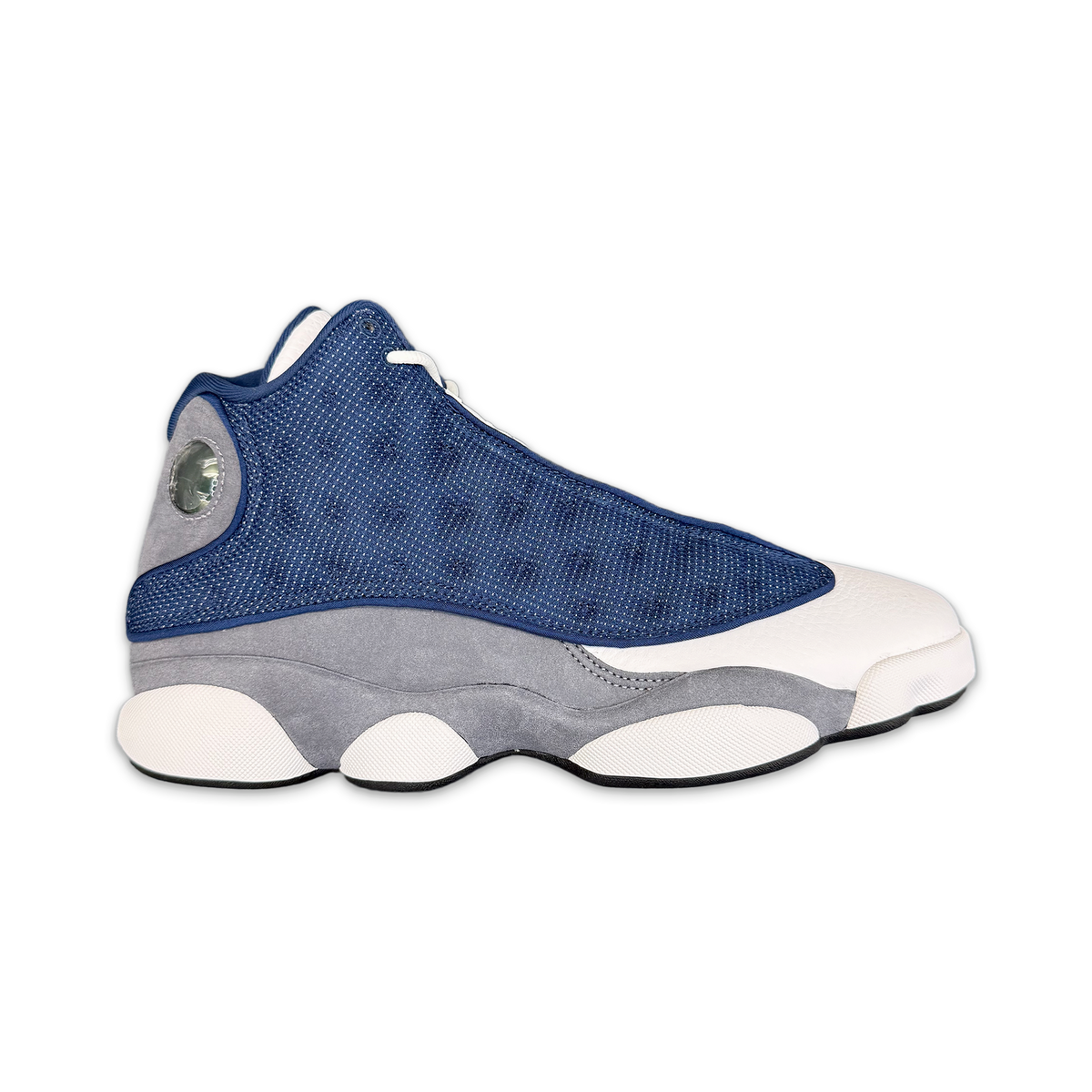 Air Jordan 13 Retro Flint high-top sneaker, blue suede upper with white midsole