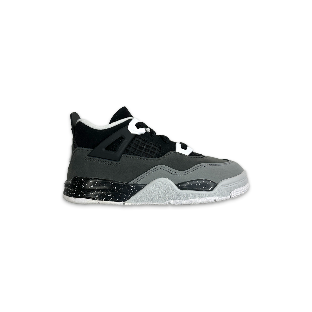 Kids Air Jordan 4 Retro sneaker, dark gray and black upper with white midsole and lace-up closure