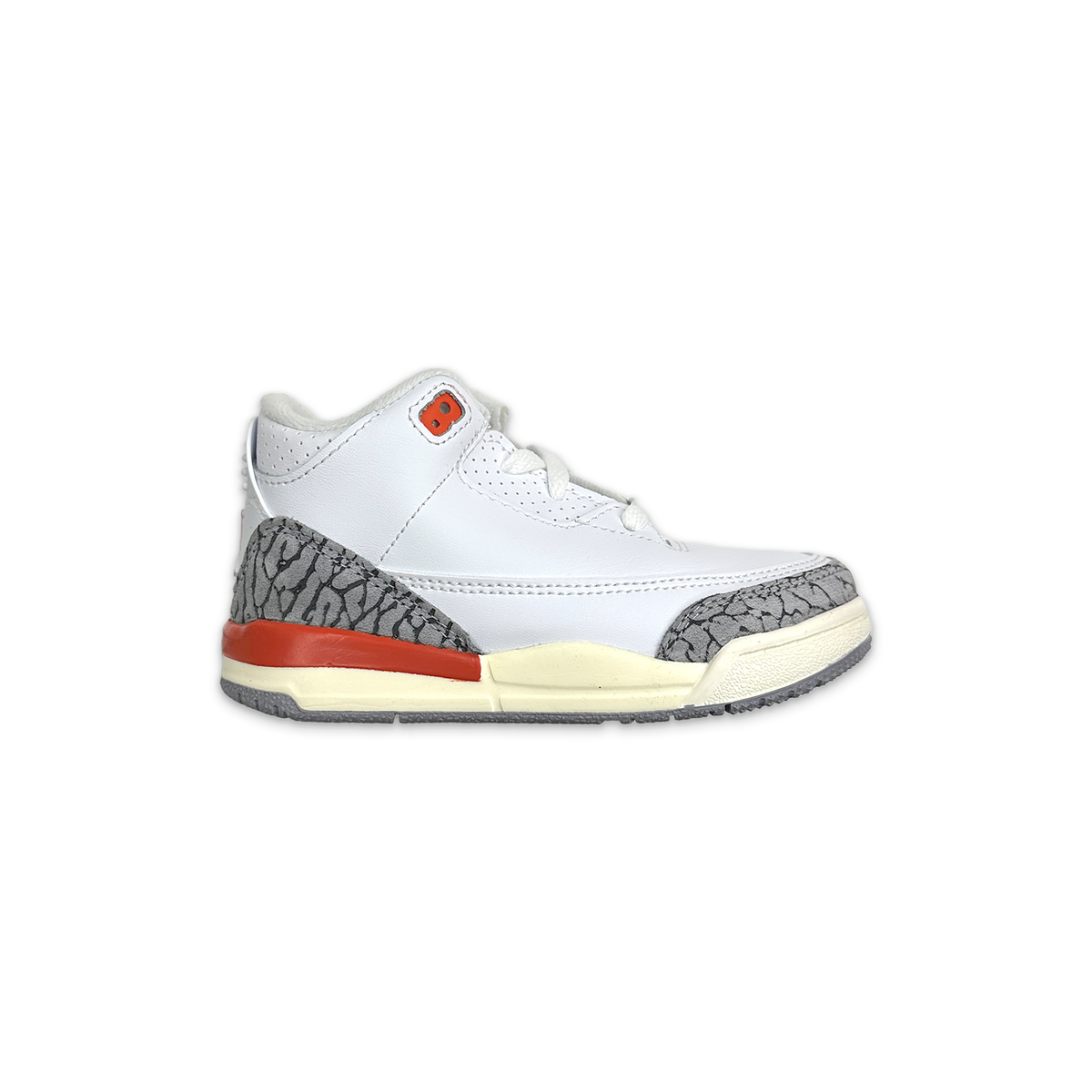 Kids' Air Jordan 3 Retro TD sneaker in white with elephant print and orange accents