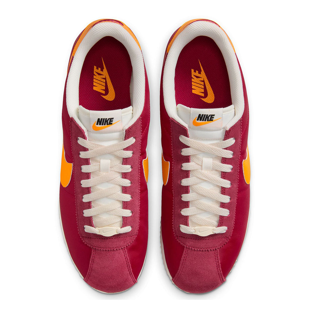 Men's Nike Cortez TXT sneakers with maroon suede, white laces, and Nike tongue logos