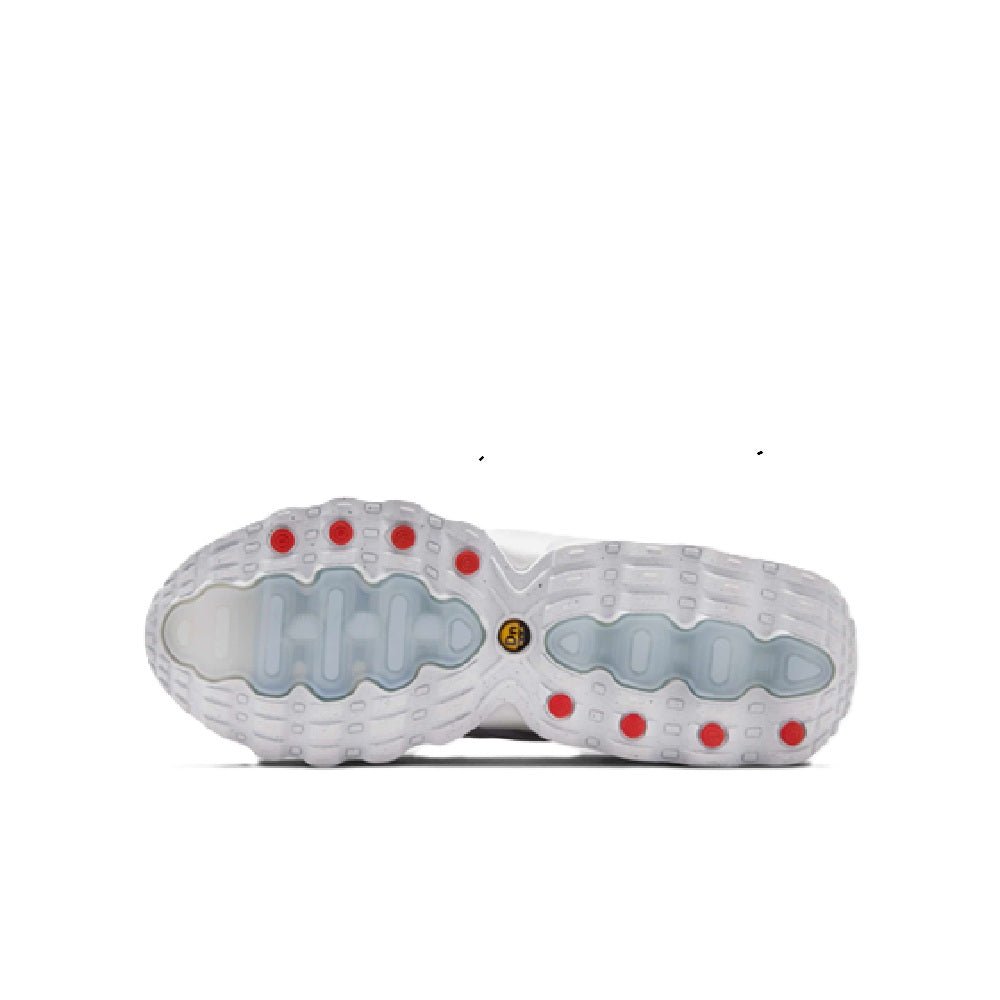 Kids' running sneakers outsole: light gray tread with blue pods and red traction dots