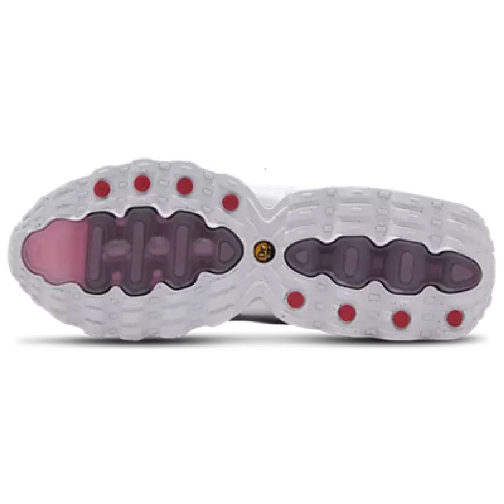 Kids Nike Air Max DN8 outsole view, white tread with red and dark rubber zones
