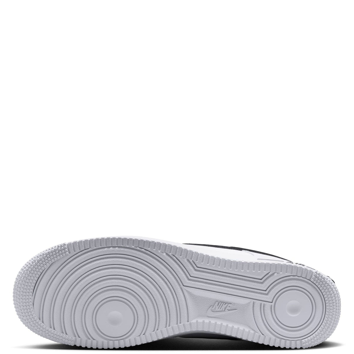Men's Nike Air Force 1 outsole view, gray traction tread with Nike logo