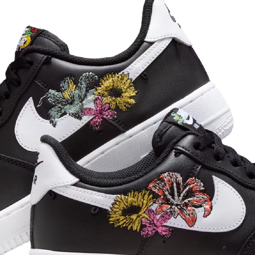 Women's Nike Air Force 1 PRM sneakers, black and white with floral accents on side panels