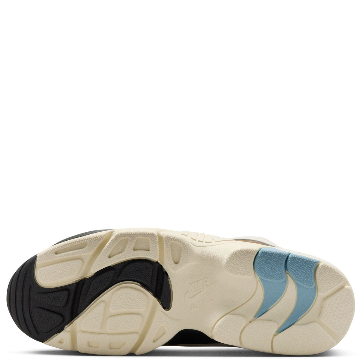 Nike high-top shoe outsole with cream rubber tread, black sections, and light blue trim