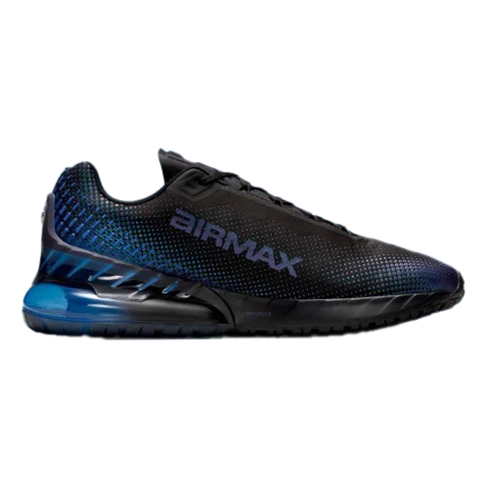 Men's Nike Air Max sneaker in black with deep blue speckle, Air Max logo, blue cushioning