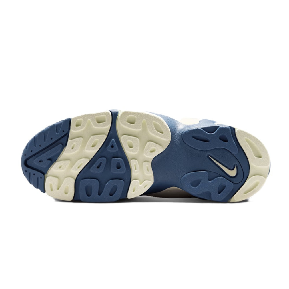 Men's Nike high-top sneakers outsole, cream traction pods with navy sidewall.
