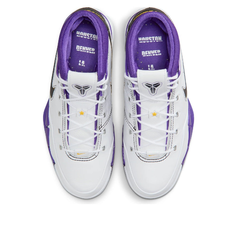 Men's Nike Kobe high-top basketball shoe, lace-up front in white with purple inner lining