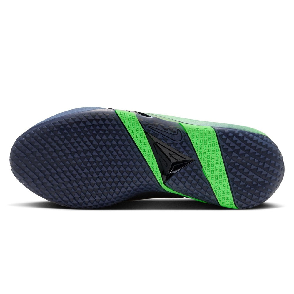 Men's low-top shoe outsole, dark tread with neon green side stripe and logo