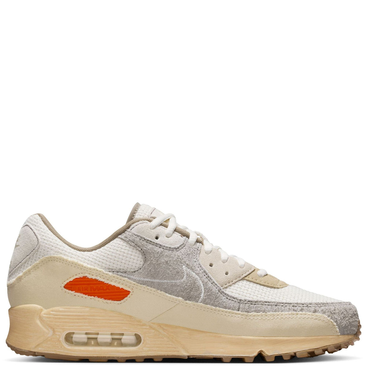 Nike Air Max 90 PRM sneakers, gray and sail, with pale beige midsole and orange accent